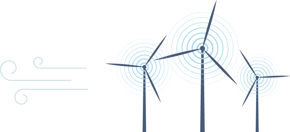 Illustration of windmills with wind depicted as light blue lines